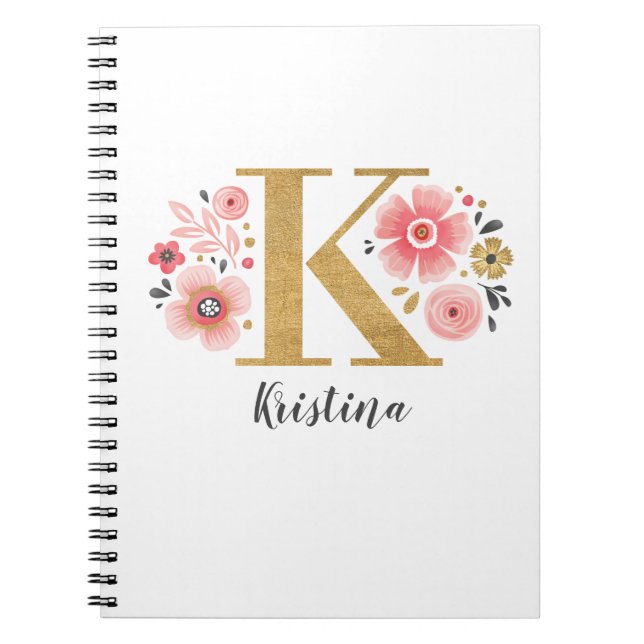 Girl Pink Monogram Floral Letter K Notizblock (Vorderseite)