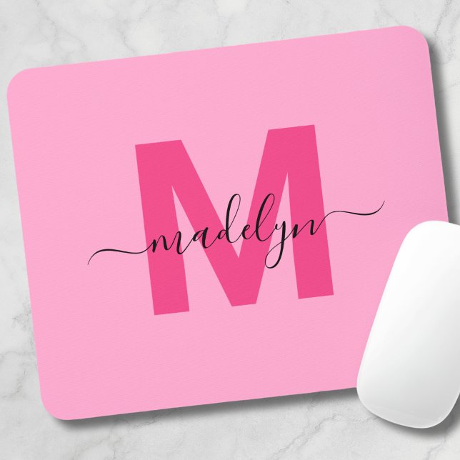 Girl Pink Monogram Script Name Mousepad (Girly Pink Monogram Script Name Mouse Pad)