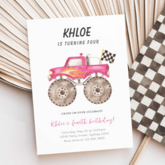 Girl Pink Monster Truck Bash jedes Alter Geburtsta Einladung