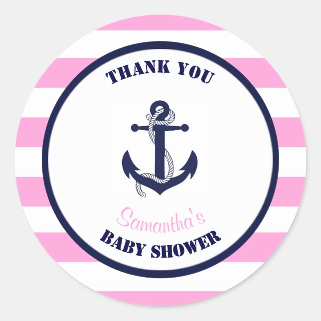 Girl Pink Nautical Baby Dusche Danke schön Runder Aufkleber (Vorderseite)