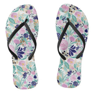 Girl Pink Navy Blue Gold Watercolor Blume Flip Flops