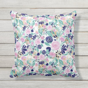 Girl Pink Navy Blue Gold Watercolor Blume Kissen