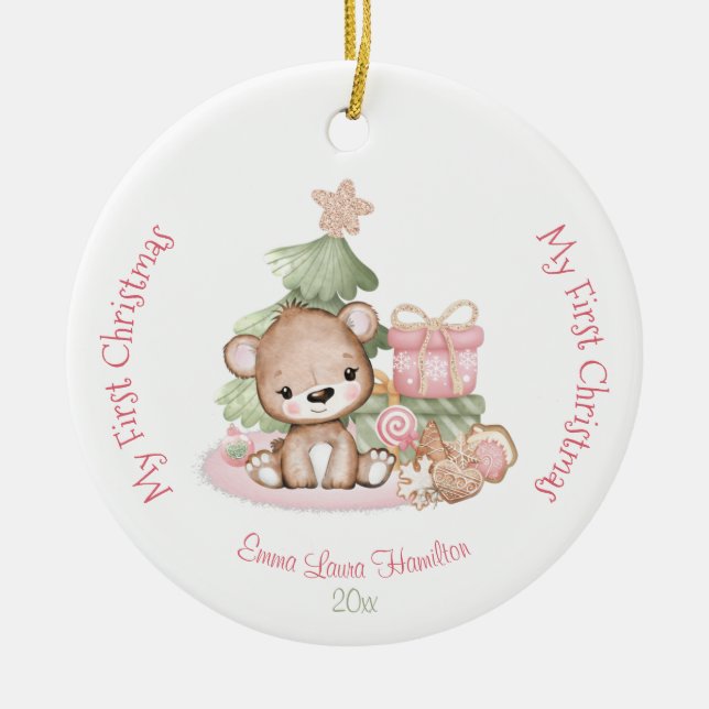 Girl Pink Niedlich Baby Bear Baby's First Keramik Ornament (Vorne)
