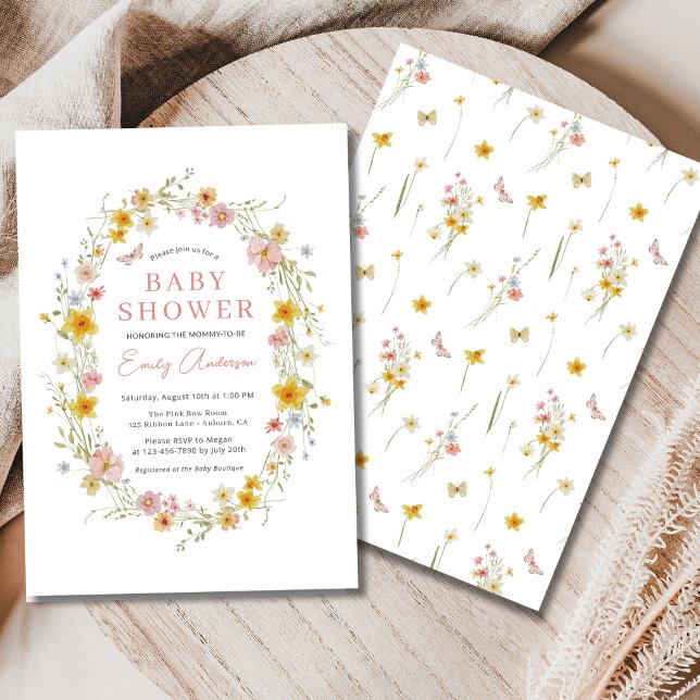 Girl Pink Niedlich Butterfly Wildblume Babydusche Einladung (Von Creator hochgeladen)