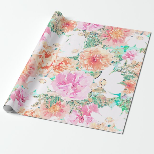 Girl Pink & Orange Blume Aquarellfarbe  Geschenkpapier (Ungerollt)