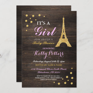 Girl Pink Paris Gold Baby Dusche Wood Invite Einladung