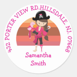 Girl Pink Parrot Pirate Party ADDRESS Classic Roun Runder Aufkleber