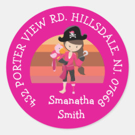 Girl Pink Parrot Pirate Party ADDRESS Classic Runder Aufkleber