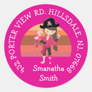 Girl Pink Parrot Pirate Party ADDRESS Classic Runder Aufkleber