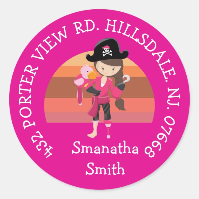 Girl Pink Parrot Pirate Party ADDRESS Classic Runder Aufkleber (Vorderseite)