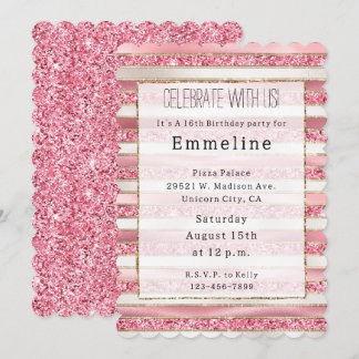 Girl Pink Pearl Glitzer Streifen Einladung