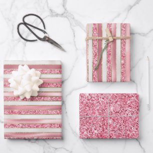 Girl Pink Pearl Glitzer Streifen Geschenkpapier Set