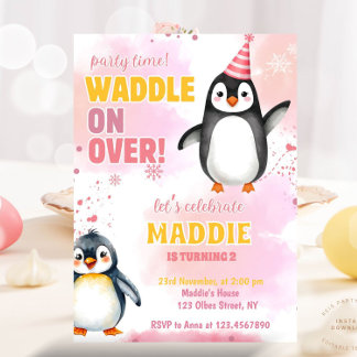 Girl Pink Pinguin Winter Geburtstagsparty Einladun Einladung
