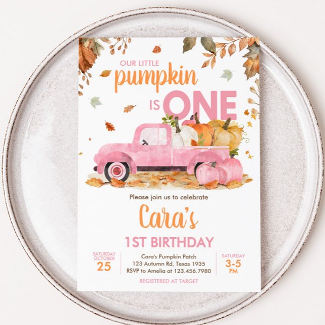 Girl Pink Pumpkin Truck Fall Birthday  Einladung (Pink Pumpkin Truck Fall Birthday Invitation)
