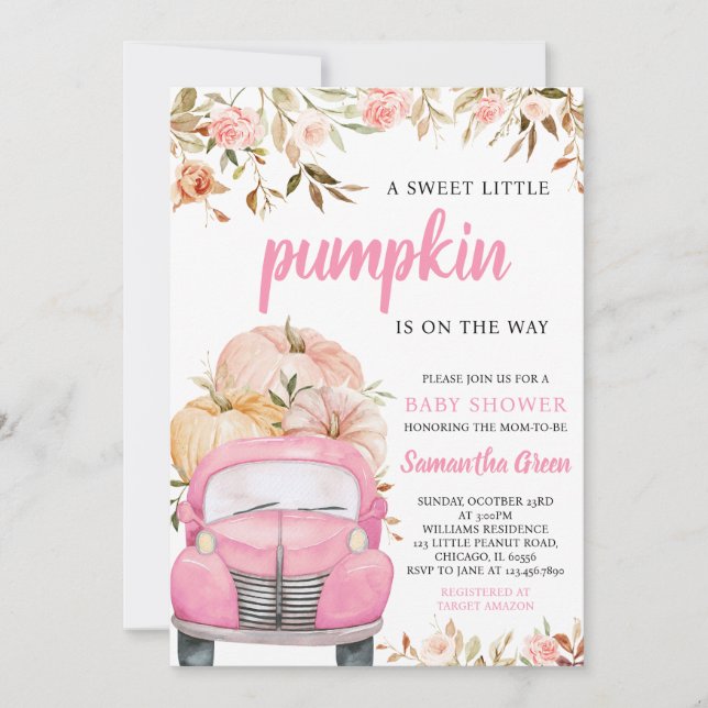 Girl Pink Pumpkin Truck Kinderdusche Einladung (Vorderseite)