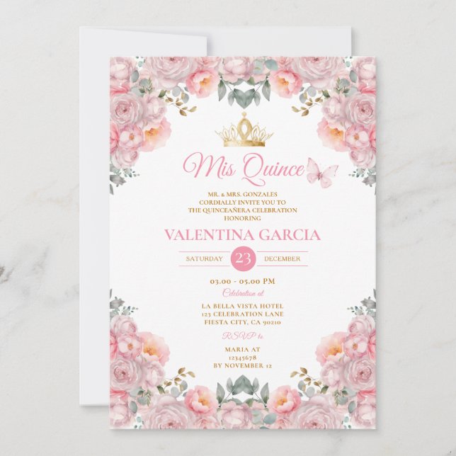 Girl Pink Quinceañera 15 Anos Blume Goldkrone Einladung (Vorderseite)
