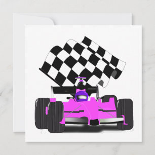 Girl Pink Race Car mit karierte Flagge Einladung