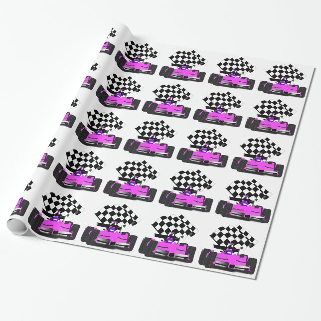 Girl Pink Race Car mit karierte Flagge Geschenkpapier (Ungerollt)