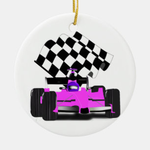 Girl Pink Race Car mit karierte Flagge Keramikornament