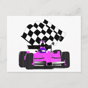 Girl Pink Race Car mit karierte Flagge Postkarte