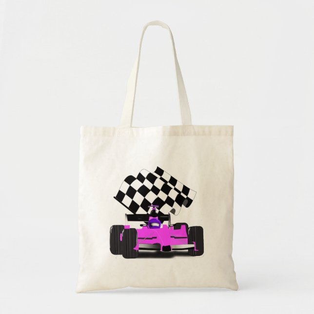 Girl Pink Race Car mit karierte Flagge Tragetasche (Vorne)