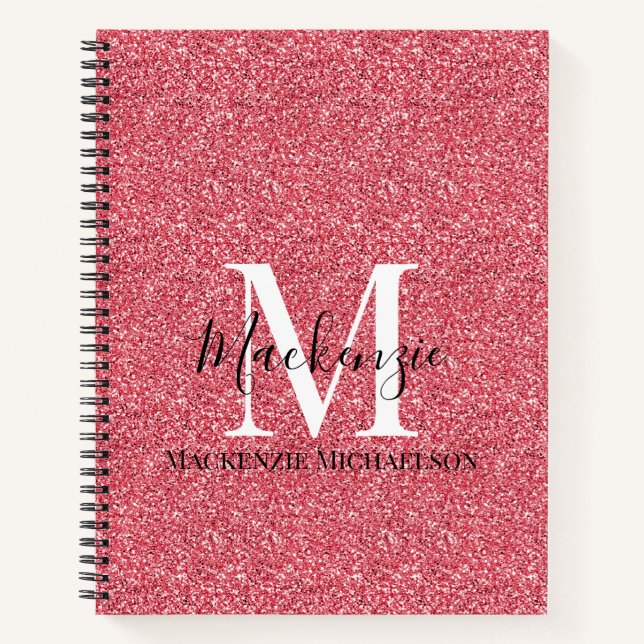 Girl Pink Red Glitzer Monogram Name Notebook Notizbuch (Vorderseite)