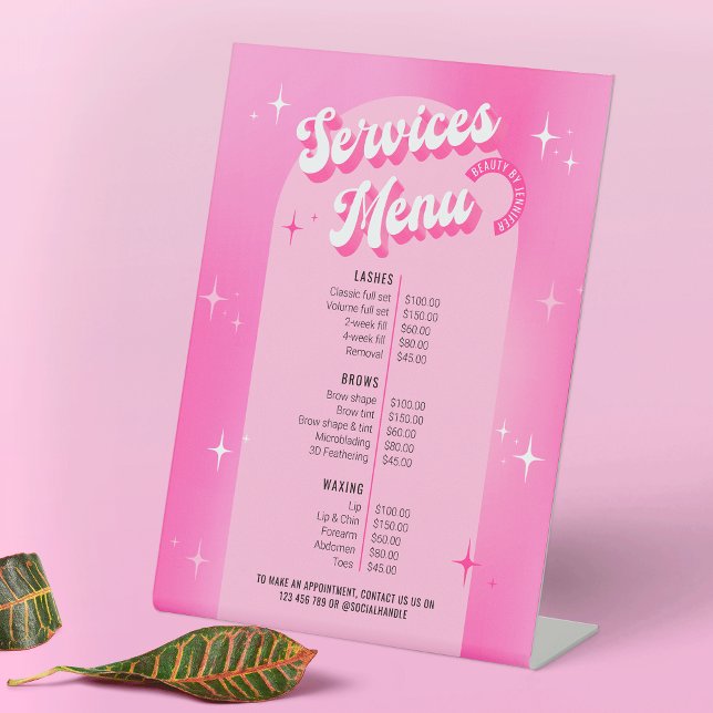 Girl Pink Retro Beauty Wellness-Center Lashes Prei Sockelschild (Trendy services pricing menu sign design with retro fonts, groovy style and girly pink aesthetic)