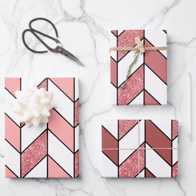 Girl Pink Rose Gold Glitzer Herringbone Zickzack Geschenkpapier Set (Vorderseite)