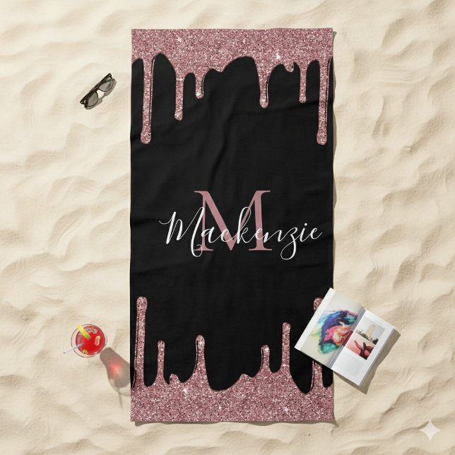 Girl Pink Rose Gold Glitzer Sparkle Tropfen Schwar Strandtuch (Girly Pink Rose Gold Glitter Sparkle Drips Black Beach Towel)