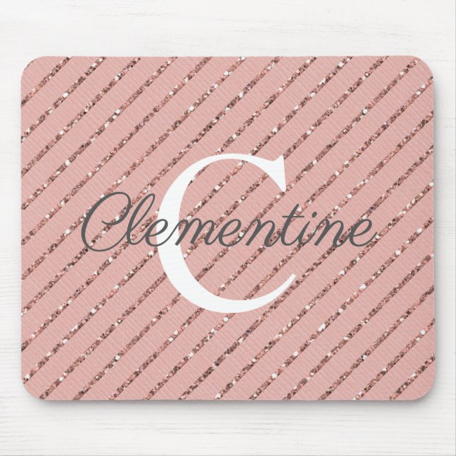 Girl Pink Rose Gold Glitzer Streifen Monogramm Mousepad (Vorne)
