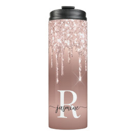 Girl Pink Rose Gold Glitzer Tropfen Ombre Monogram Thermosbecher