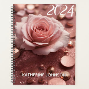 Girl Pink Rose Gold Sparkle Glitzer Monogram Name Planer