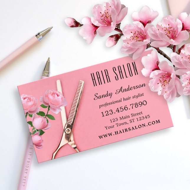 Girl Pink Rose Hair Stylist Business Card Visitenkarte (Von Creator hochgeladen)