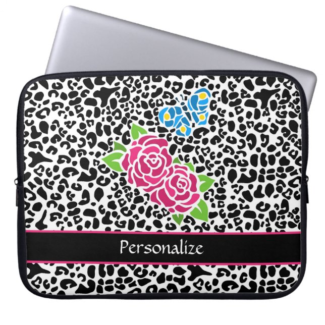Girl Pink Rose Mosaik Leopard Druck mit Namen Laptopschutzhülle (Vorderseite)