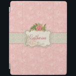 Girl-Pink-Rosen und Damask Personalisiert iPad Hülle<br><div class="desc">Rosa,  blumengeschmückter Hintergrund mit Graudamtel,  mittelgraziöses Blumenetikett mit Spray aus gürteligen Rose und Raum für Personalisierung.</div>