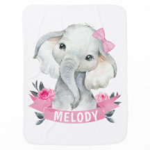 Girl Pink Roses Elephant Name Baby Blanket
