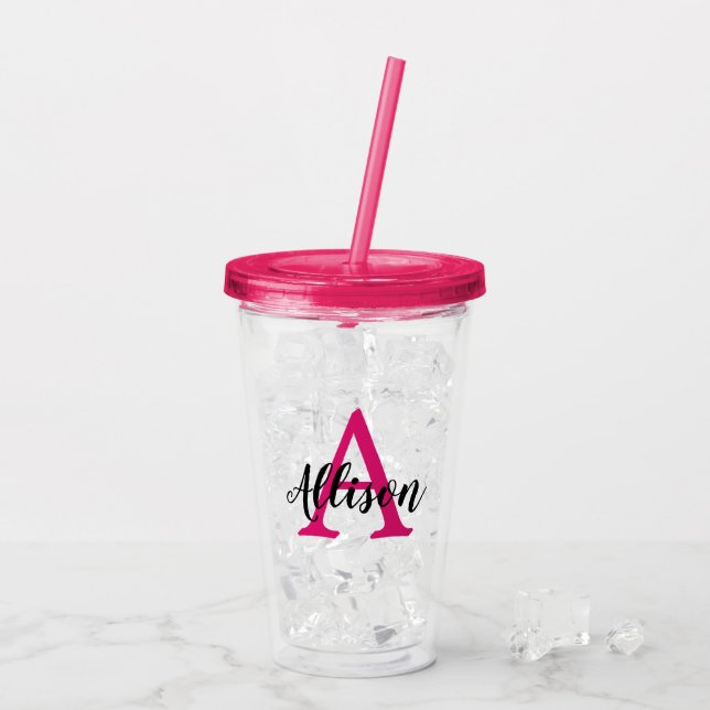 Girl Pink Script Personalisiert Monogram  Acryltrinkbecher (Rückseite Ice)