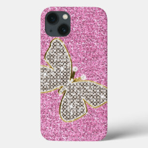 Girl Pink Silver Glitzer Diamonds Butterfly Case-Mate iPhone Hülle
