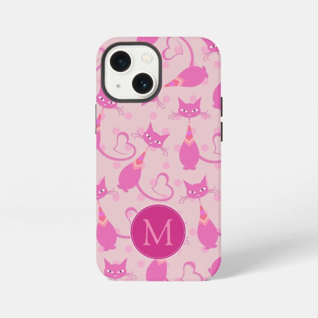 Girl Pink Sleek Cat Pattern Monogramm iPhone Hülle (Rückseite)