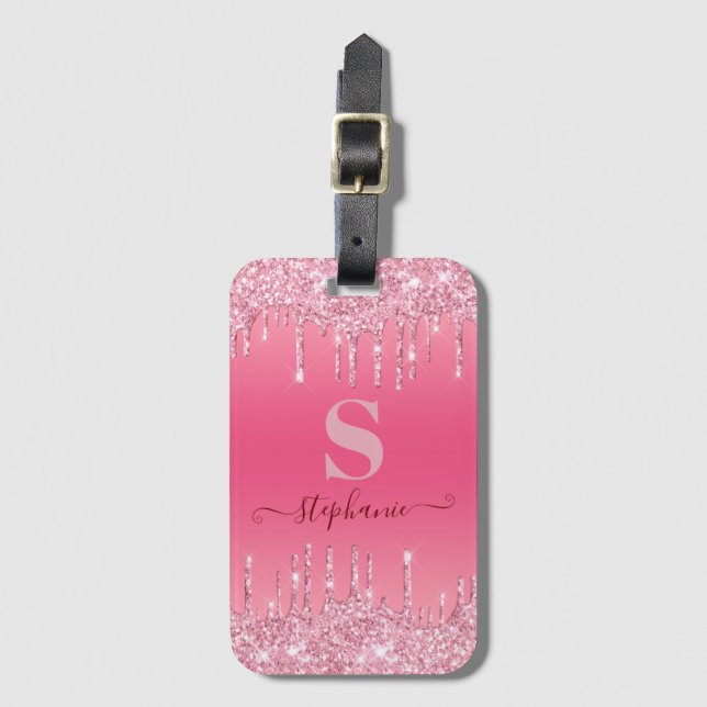 Girl Pink Sparkle Glitzer Monogram Gepäckanhänger (Vorderseite Vertikal)