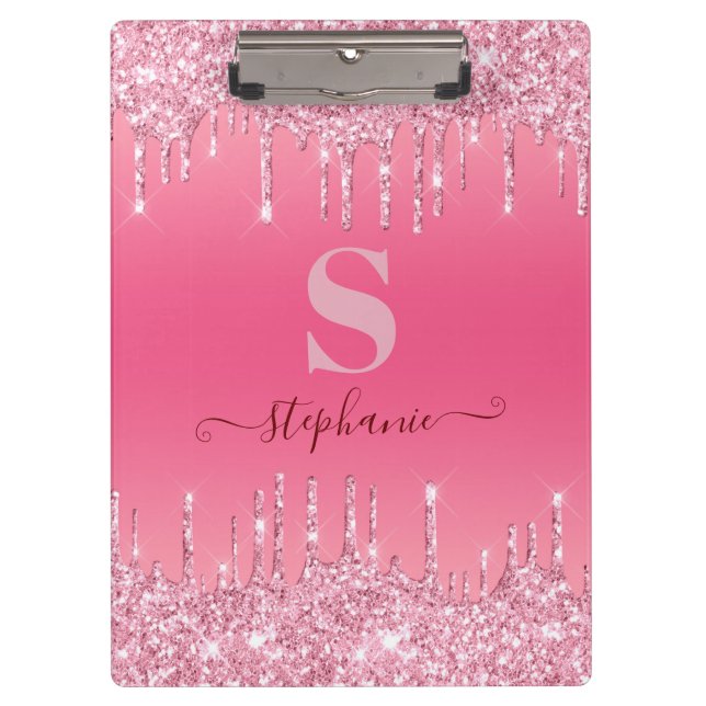 Girl Pink Sparkle Glitzer Monogram Klemmbrett (Vorderseite)