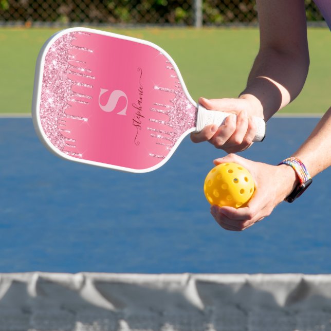 Girl Pink Sparkle Glitzer Monogram Pickleball Schläger (InSitu)