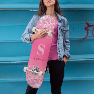 Girl Pink Sparkle Glitzer Monogram Skateboard