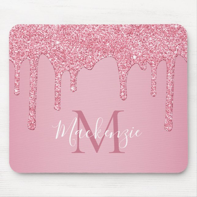 Girl Pink Sparkle Glitzer Tropfens Monogram Mousepad (Vorne)