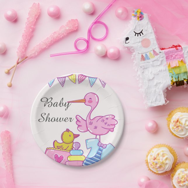 Girl Pink Stork Babydusche Papierplatte Pappteller (Party)