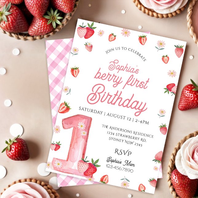 Girl Pink Strawberry Berry Erster Geburtstag Einladung (Von Creator hochgeladen)