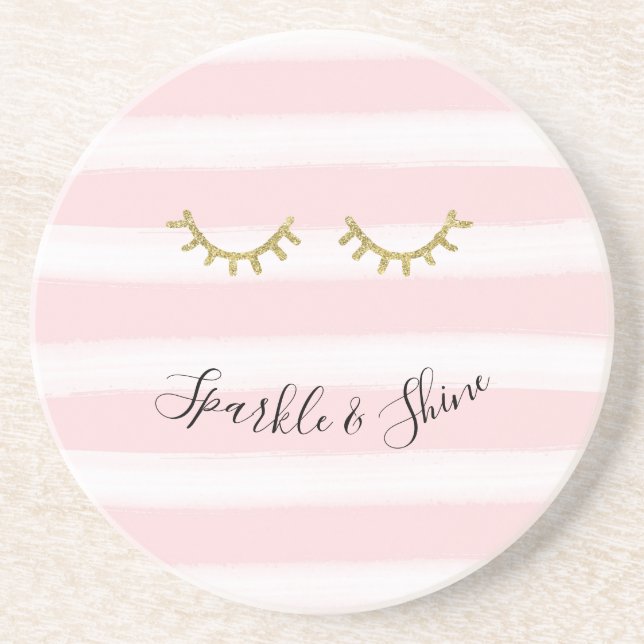 Girl Pink Stripes Gold Glitzer Eyelashes Getränkeuntersetzer (Vorne)