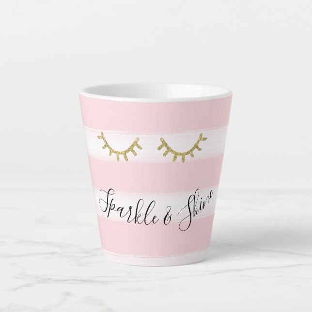 Girl Pink Stripes Gold Glitzer Eyelashes Milchtasse (Vorderseite)
