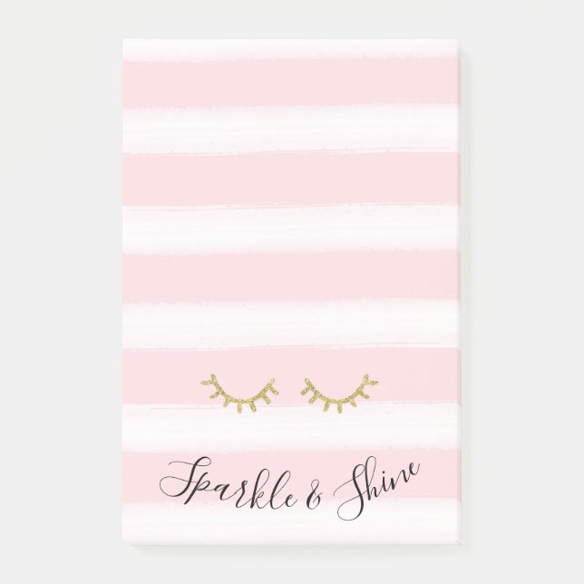 Girl Pink Stripes Gold Glitzer Eyelashes Post-it Klebezettel (Vorderseite)