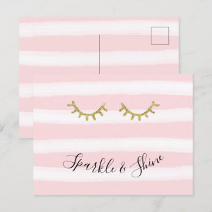 Girl Pink Stripes Gold Glitzer Eyelashes Postkarte